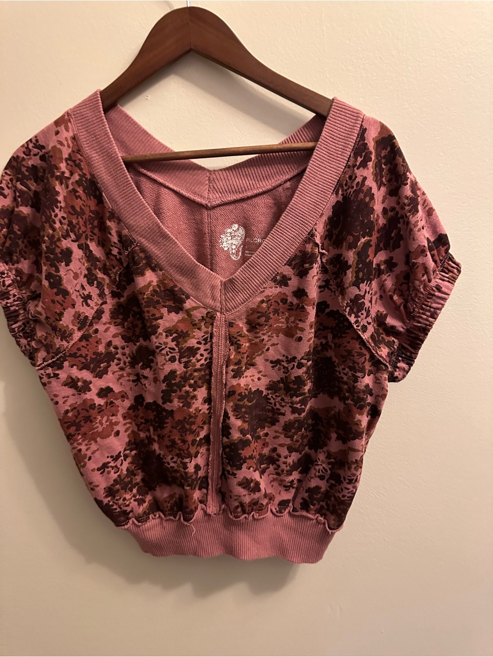 Pilcro Rose Pink and Brown Floral V-Neck Crop Top